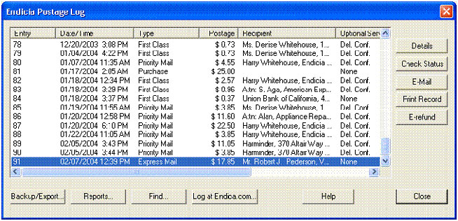 Postage Log subsequent dialog screen
